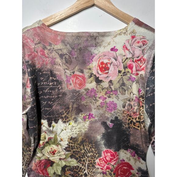 Impulse 3/4 Sleeve Floral Graphic Print Y2K 90s Colorful Cheetah Shirt Top Sz M - Picture 7 of 12